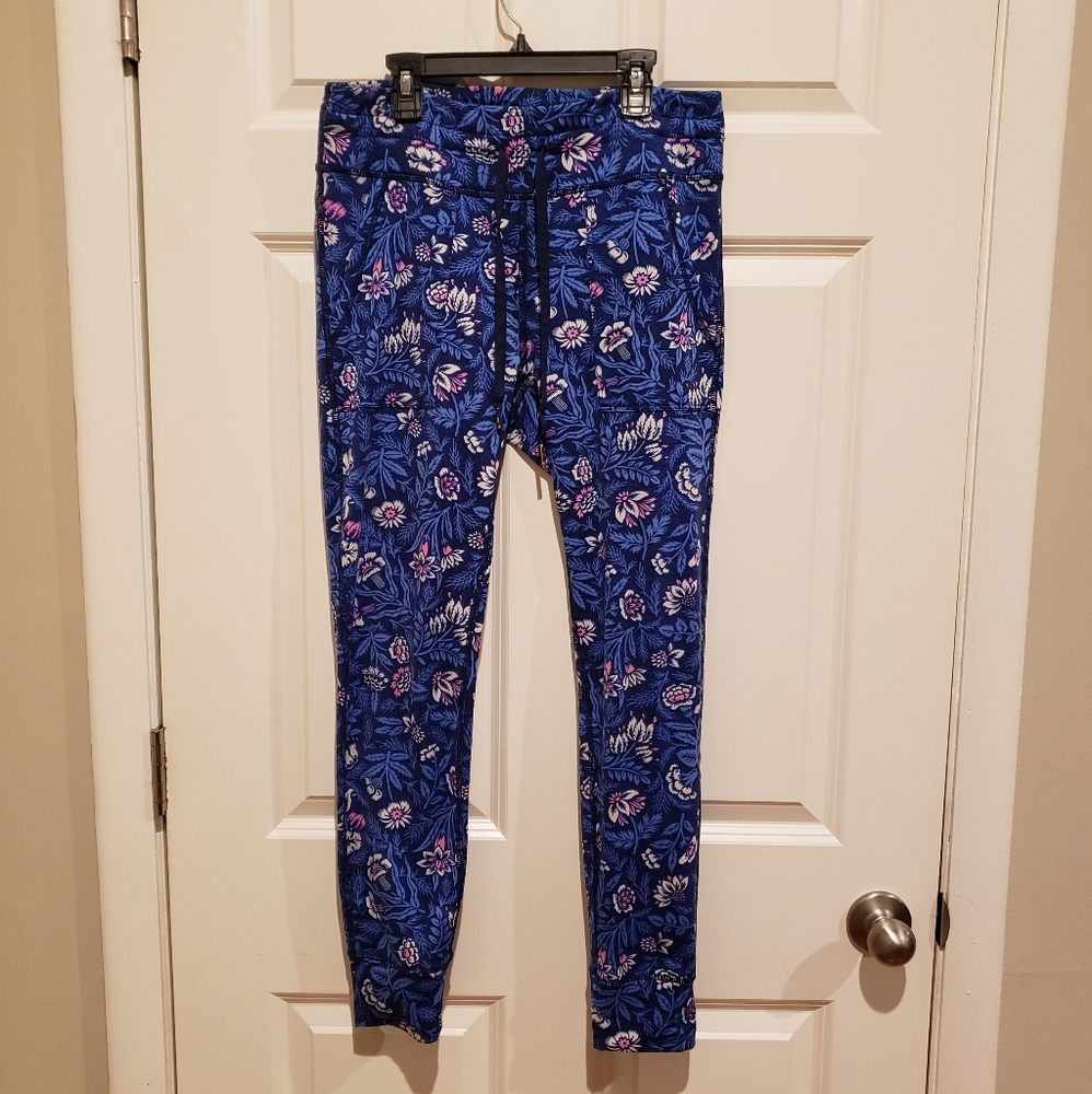 Aerie Chill Play Move Drawstring Leggings, Blue & Pink Floral, Size L (Regular)